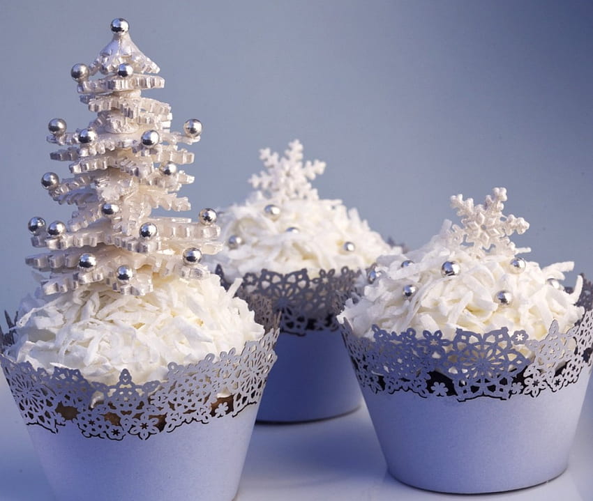 Cupcakes for my lovely friend Alexandra (Alexandra66), blue, sweet, winter, white, treat, food, cupcakes, tree, snowflakes, snow, christmas, cream HD wallpaper