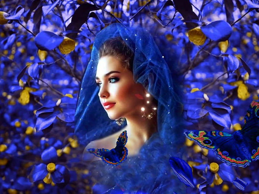 Blue Royale, yellow, bright, bold, blue, colorful, black, vibrant, veil, girl, butterflies, vivid, branches HD wallpaper