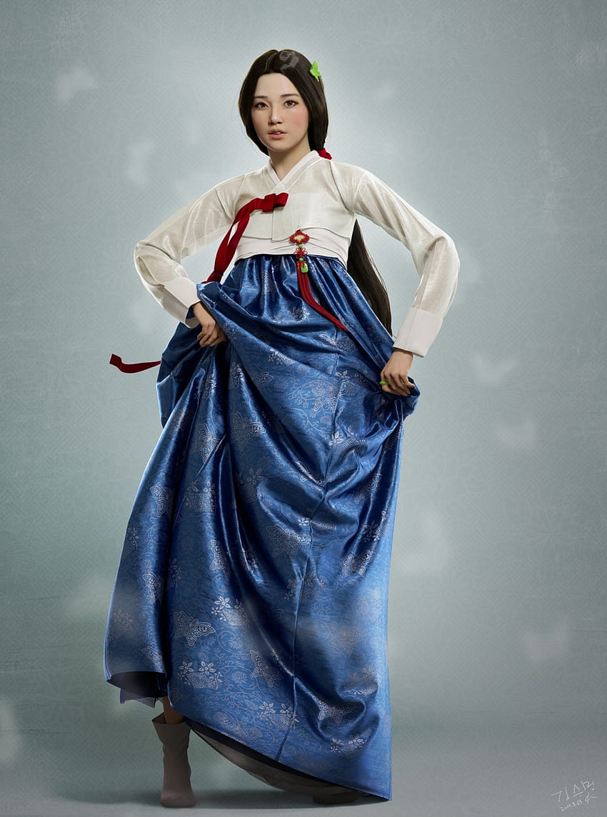 Vêtements traditionnels coréens, Hanbok, Modèle 3D, Ruban, Cheveux longs pour iPhone 8, iPhone 7 Plus, iPhone 6+, Sony Xperia Z, HTC One, Hanbok coréen Fond d'écran de téléphone HD