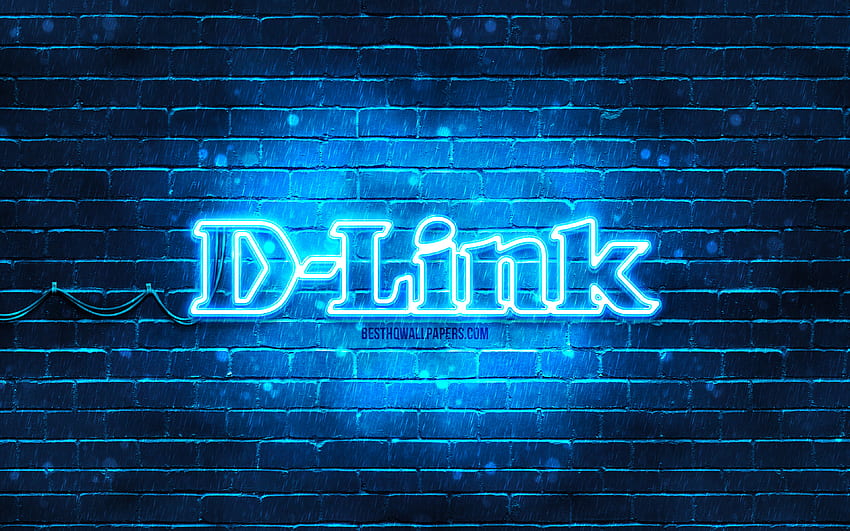 Синьо лого на D-Link, , синя тухлена стена, лого на D-Link, марки, неоново лого на D-Link, D-Link HD тапет