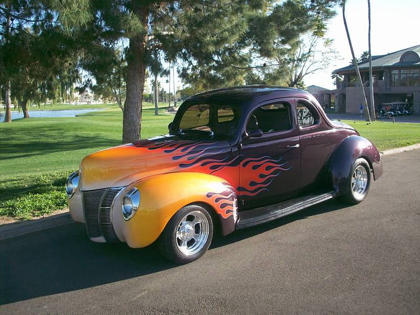 1939 Ford Coupe street rod, ford, classic, flames, street rod, coupe HD wallpaper