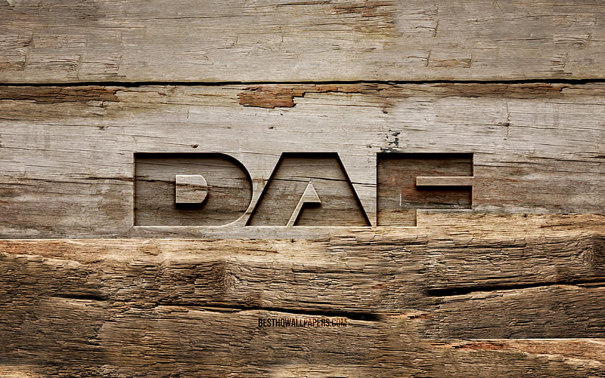 drewniane logo DAF, drewniane tła, marki samochodów, logo DAF, kreatywne, rzeźbienie w drewnie, DAF Tapeta HD