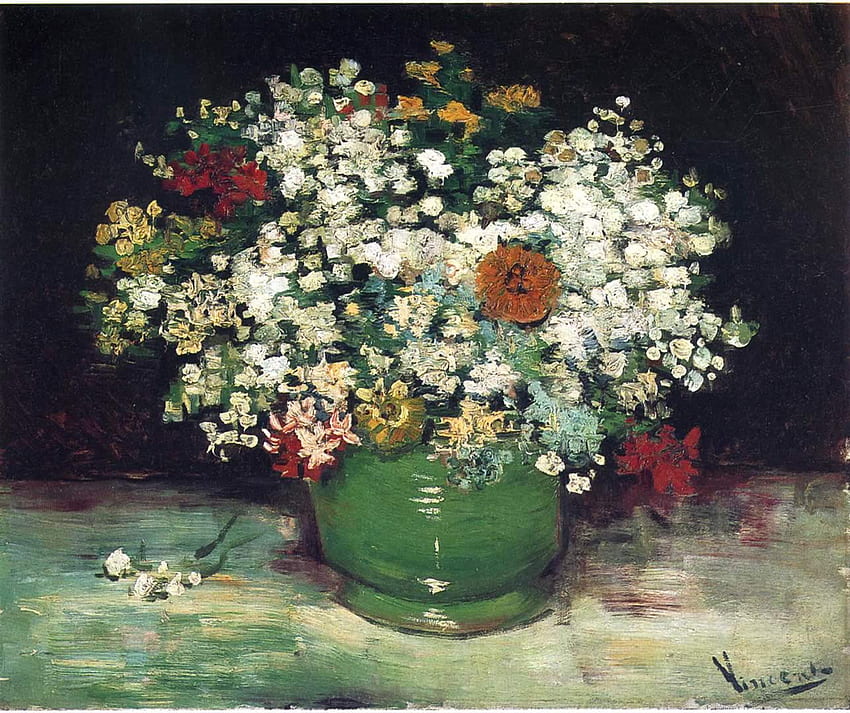 백일초와 다른 꽃이 있는 꽃병 - Vincent Van Gogh, 꽃이 있는 꽃병 Van Gogh HD 월페이퍼