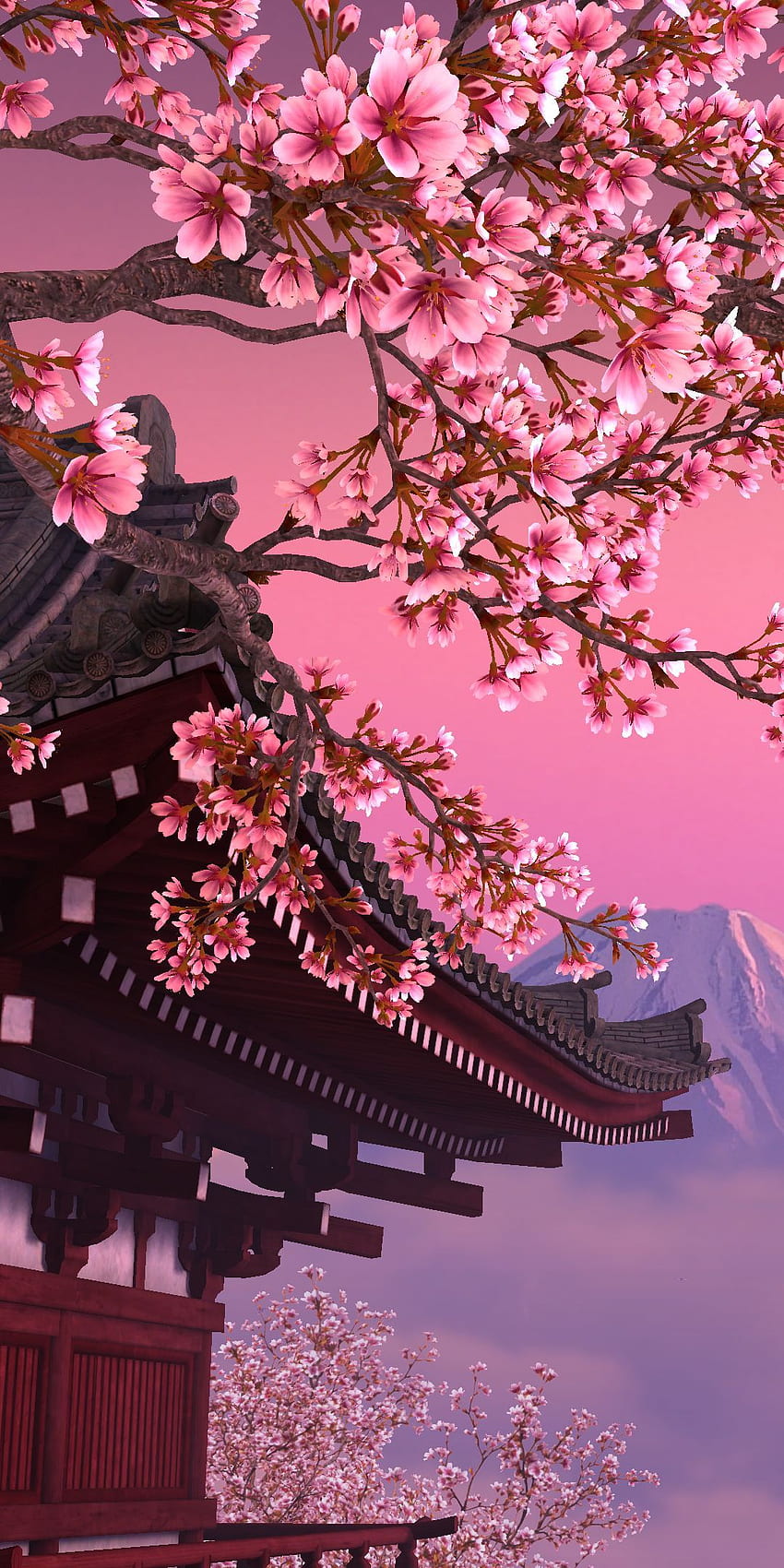 Móvil japonés de árboles de sakura. Paisaje, Pastel estético, Minimalista, Anime Cherry Blossom fondo de pantalla del teléfono