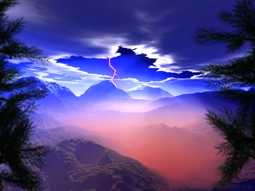 Abendnebel, Nebel, blauer Himmel, verborgene Sonne, Gipfel, Wolken, Bäume, Abend HD-Hintergrundbild
