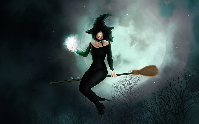 Witch, broom, moon, fantasy HD wallpaper