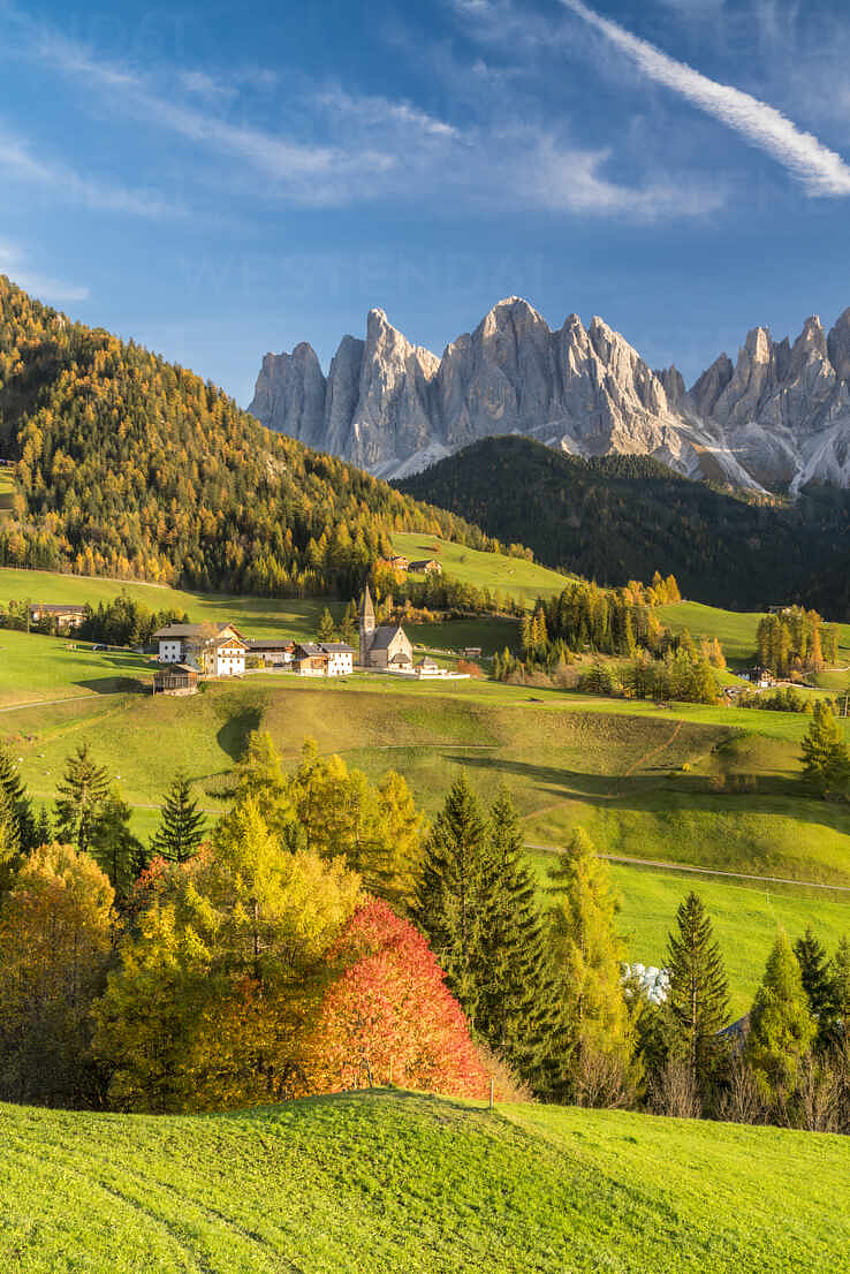 Sunset over the Odle Group and village of Santa Magdalena in autumn, Funes Valley, Dolomites, Bolzano HD phone wallpaper