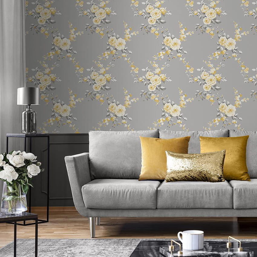 Arthouse Mustard Yellow Grey Metallic Silver White Floral Flower Wallpaper  Plant