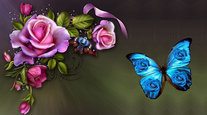 ROMANTICA Rosa Mariposa, Mariposa, lúpulo, Flor, Azul, Rosa fondo de pantalla