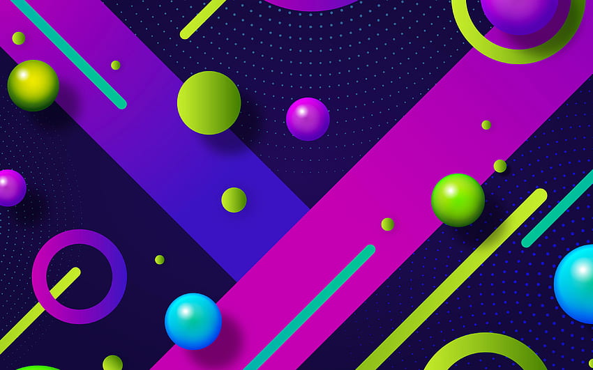colorful 3D balls, , creative, violet abstract background, geometric shapes, 3D spheres, abstract backgrounds HD wallpaper