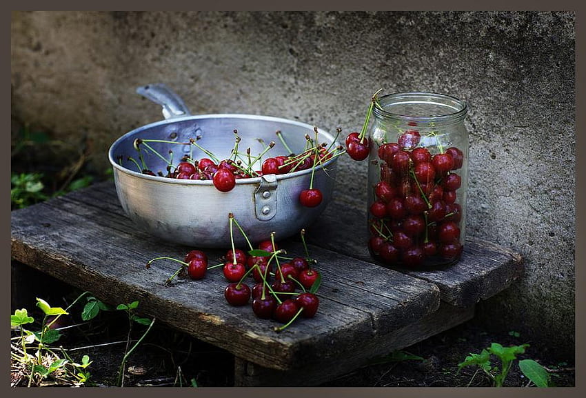 STILL LIFE, glass, pan, old table, cherries HD wallpaper