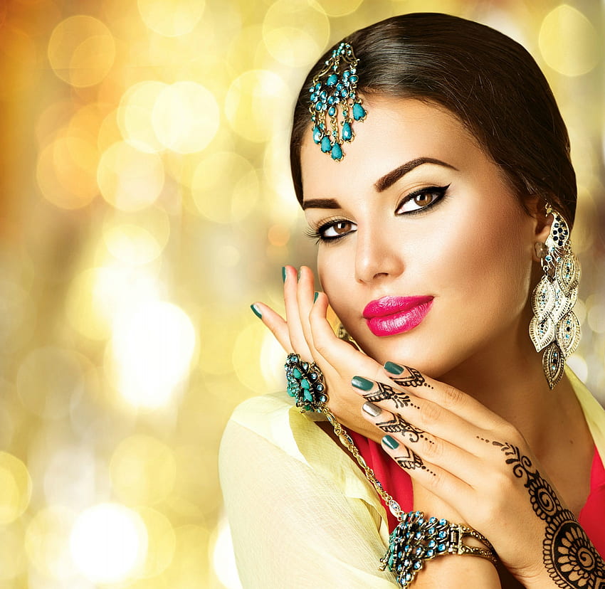 Beauty, model, girl, indian, hand, anna subbotina, woman, jewel, yellow, face HD wallpaper