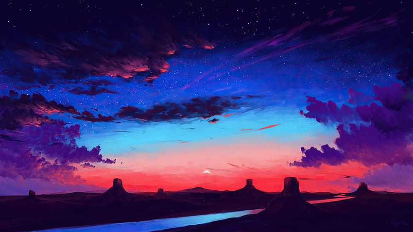 : : Sunset on a Desert With a Starry Sky in 2020. Beautiful sky, Art , Sunset art, Blue Sunset Art HD 월페이퍼