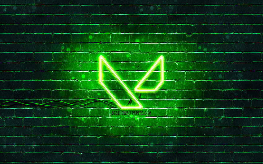 Valorant green logo, , green brickwall, Valorant logo, games brands, Valorant neon logo, Valorant HD wallpaper
