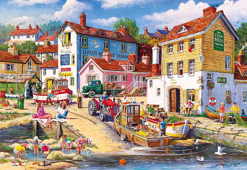 Le quattro campane, opere d'arte, mare, pittura, barche, persone, case, villaggio Sfondo HD