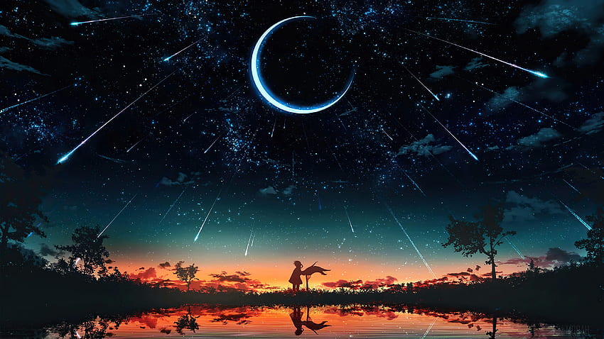 Sunset, Starry, Night, Sky, Moon, Stars, Anime, Scenery . Mocah , Night Sky Moon HD wallpaper