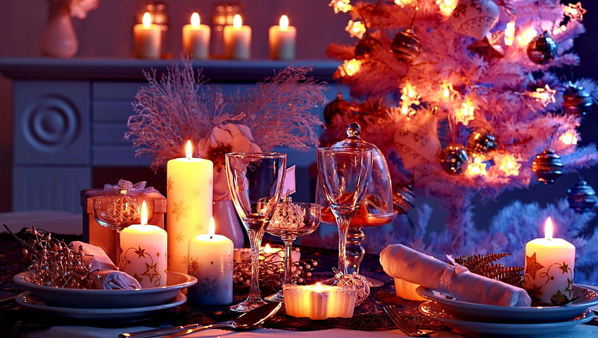 Christmas dinner, winter, dinner, champagne, garlands, nice, holiday, candles, happy, mood, ornaments, flame, beautiful, tree, still life, decoration, christmas, lights, lovely, wine HD wallpaper
