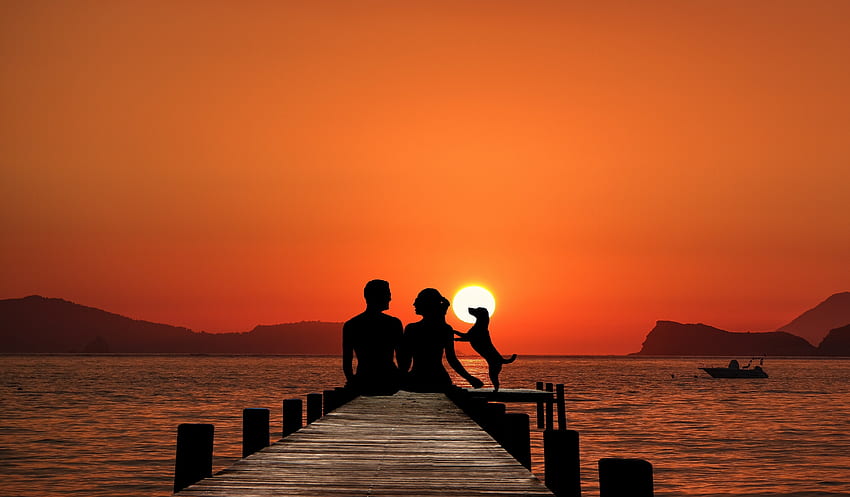 Couple, sunset, pier, silhouette HD wallpaper