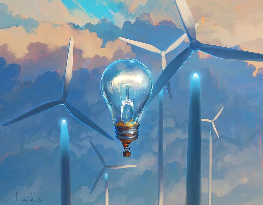 Art, Balloon, Light Bulb, Windmills, Surrealism HD wallpaper