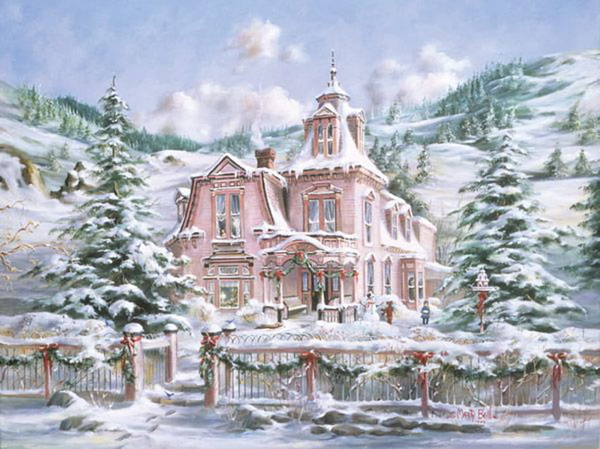 クリスマス ダウン ザ バレー、窓、歩道、リボン、ガーランド、レール、絵画、ドア、雪、フェンス、山、家、階段、石、ピンク、松、通り、装飾、雲、空、花輪 高画質の壁紙