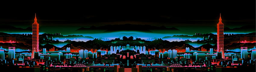 Neon city + Neon city with a reverse Coloring, 3840X1080 Synthwave HD wallpaper