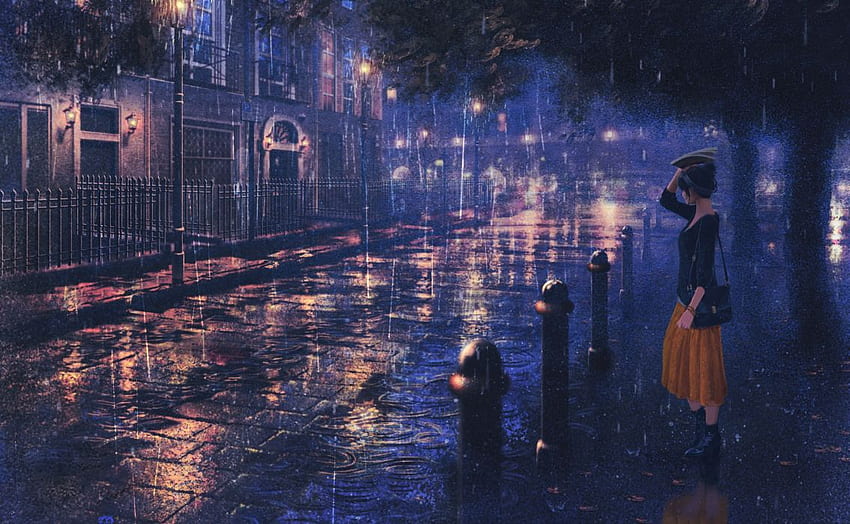 ビル ダーク natsu3390 夜 原雨 反射 風光明媚な スカート 木 水。 . 1108012.UP、雨の風景 高画質の壁紙