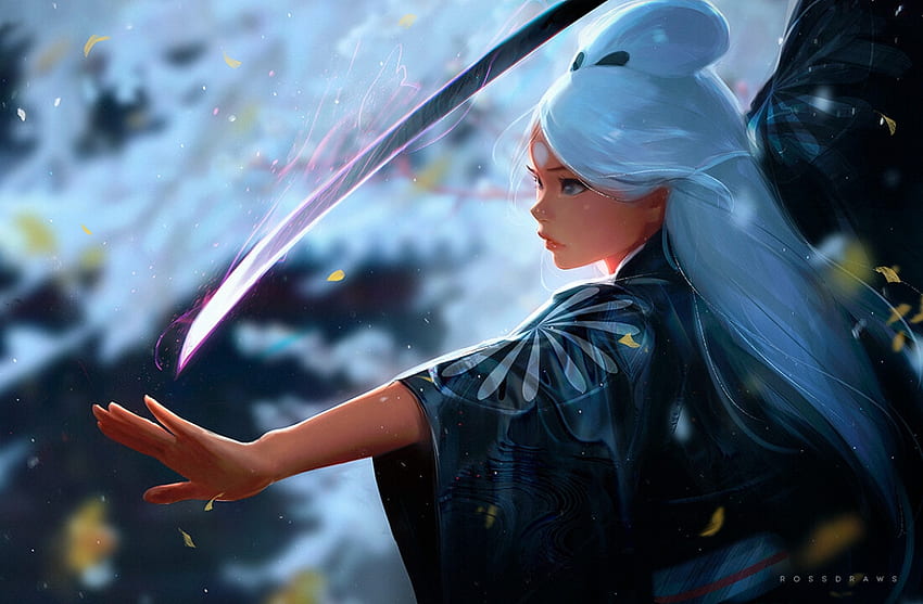 Chica de fantasía, katana, rossdraws, azul, kimono, espada, fantasía, niña fondo de pantalla