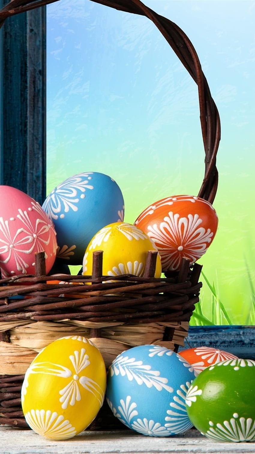 Happy Easter, colorful eggs, basket, tulips, flowers, Easter ...