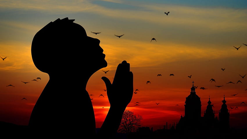 Man, Silhouette, Prayer, Sky The Needles Of Port Coton Tip, Man Praying HD wallpaper