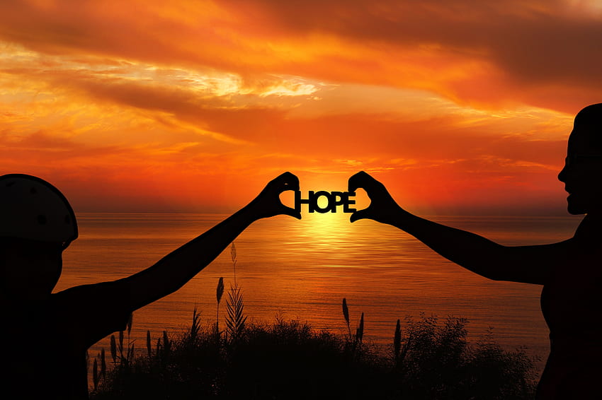 Motivation, Sunset, Horizon, Words, Silhouettes, Hands, Hope HD wallpaper