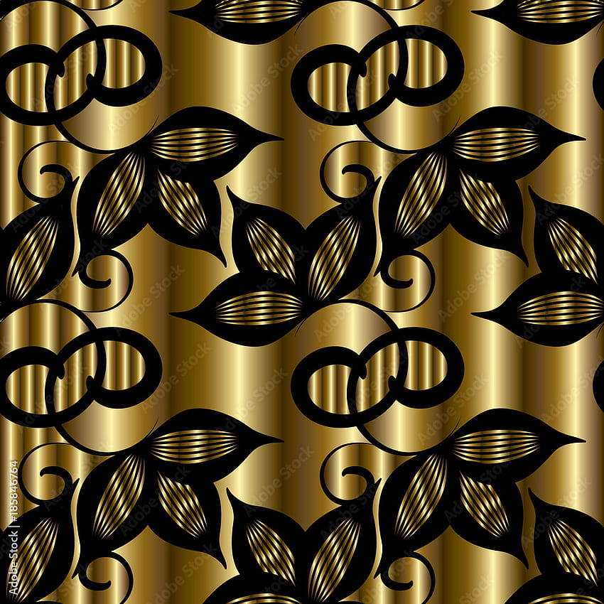 Vintage hand drawn floral seamless pattern. Vector black gold 3D background. Modern . Striped abstract flowers, swirls, leaves, vintage ornaments. Surface texture. Design for fabric, prints Stock Vector HD phone wallpaper