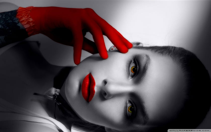 red black and white , face, red, lip, nose, eye, mouth, close up, graphy, eyelash, smile, Black and Red Girl HD wallpaper