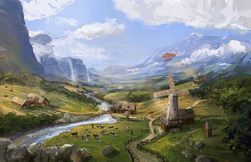 art jonathan powell landschaft farm mühle kuh luftschiff, mittelalterliche landschaftsmalerei HD-Hintergrundbild