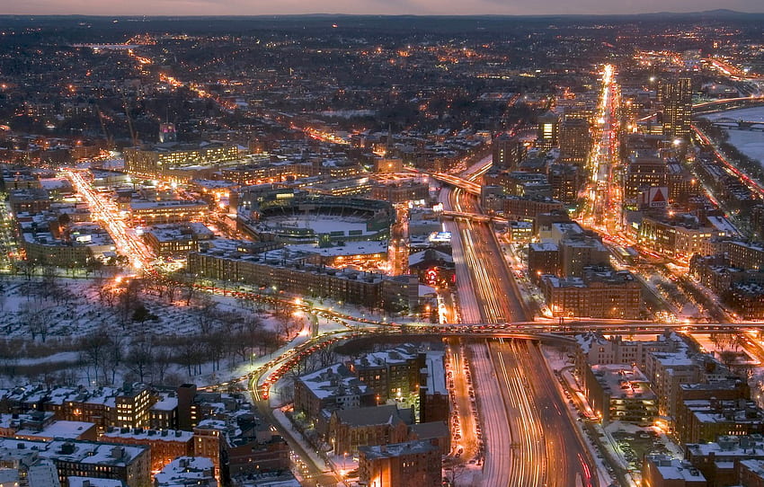 winter, road, snow, trees, night, bridge, the city, lights, building, home, USA, Boston, Massachusetts for , section город, Boston Snow HD wallpaper