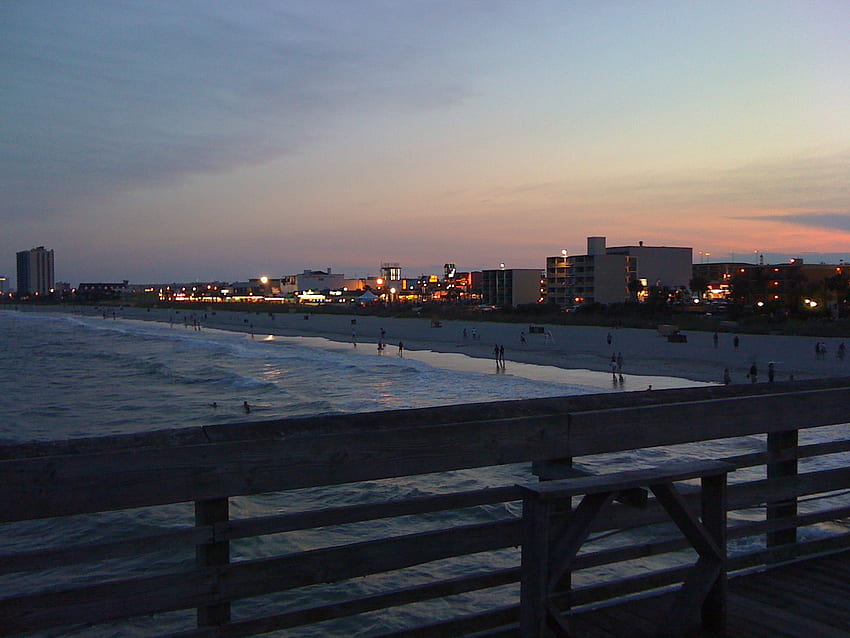 Sundown On The Strand, shore, city lights, south carolina, sundown, evening, ocean, beach HD wallpaper