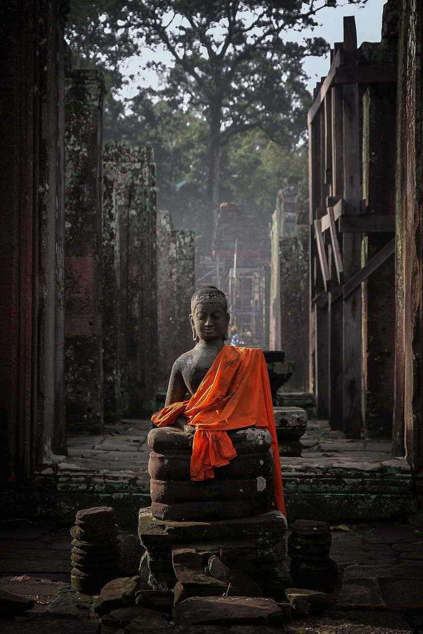 brązowy szalik – Angkor wat, chiński mnich Tapeta na telefon HD