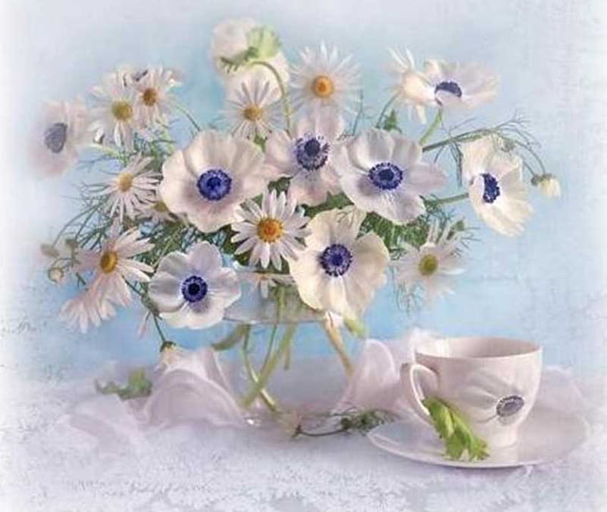 . coupe de fleurs..........., bleu, serviette, blanc, fleur, vase, tasse, bouteille Fond d'écran HD