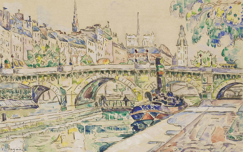 Boat Bridge Canal City Painting Paris Watercolor - Resolution: HD wallpaper