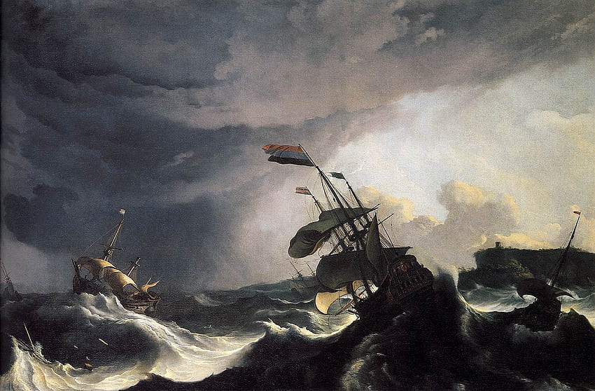 Kapal dalam Kesulitan dalam Badai yang Mengamuk, kapal, mengamuk, kesusahan, lukisan, badai Wallpaper HD
