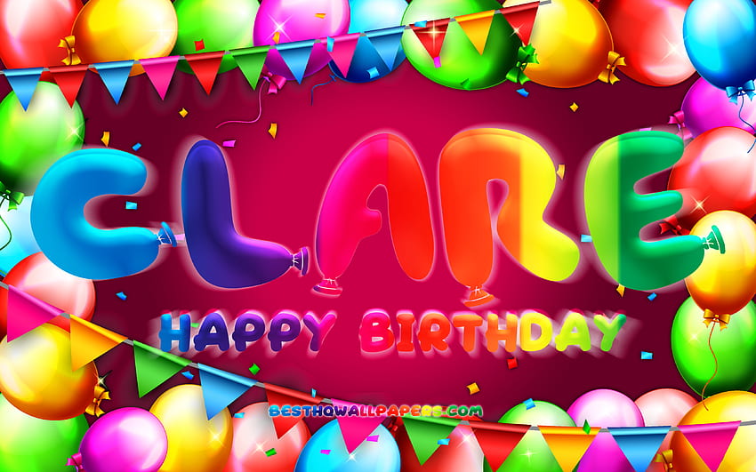 Happy Birtay Clare, , colorful balloon frame, Clare name, purple background, Clare Happy Birtay, Clare Birtay, popular american female names, Birtay concept, Clare HD wallpaper