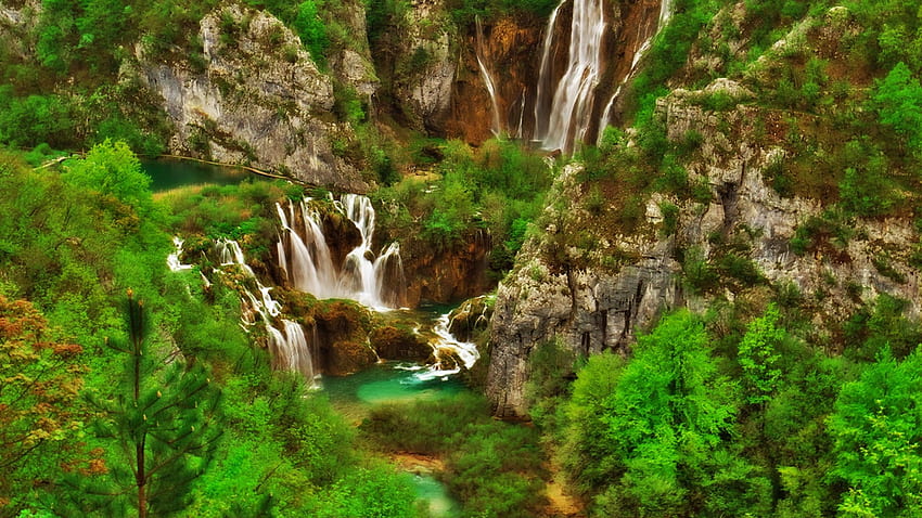 Plitvice Ulusal Parkı, Hırvatistan, nehir, UNESCO Dünya Mirası Alanı, yeşil, güzel, uçurum, lagün, orman HD duvar kağıdı