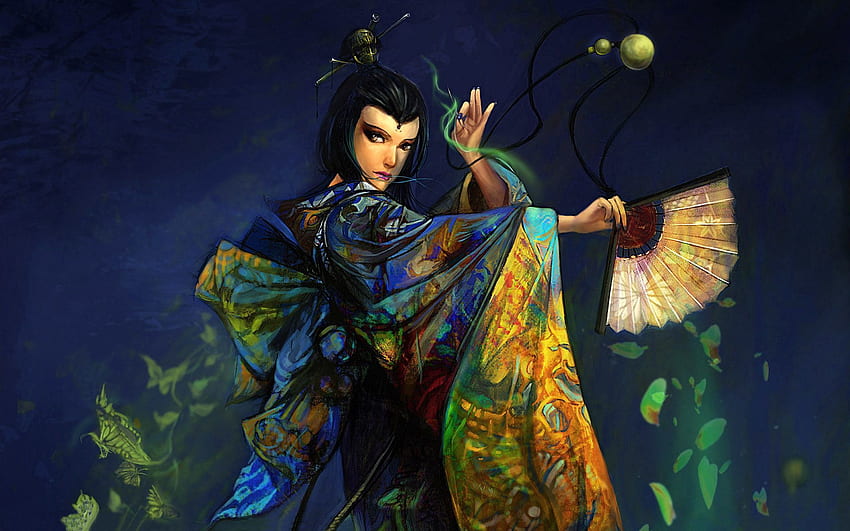 Fantasi, Menari, Gadis, Kimono, Kipas Wallpaper HD