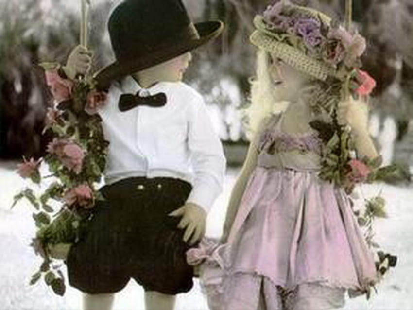 kids, girl, swing, boy, flower HD wallpaper
