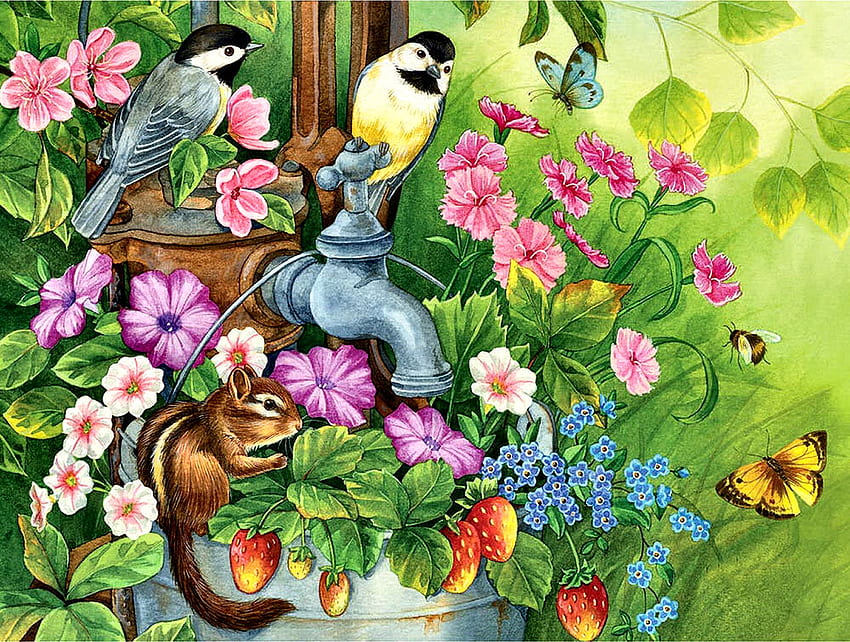 Garden Pump - Birds F, zwierzę, pompa, ptasia, sikora, , motyl, ptaki śpiewające, ptak, sztuka, piękny, ilustracja, dzieło sztuki, szeroki ekran, wiewiórka, dzika przyroda, natura, kwiaty Tapeta HD