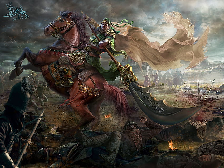 Guan Yu, cheval, nicholas jiang, asiatique, art, homme, fantaisie, luminos, guerrier Fond d'écran HD