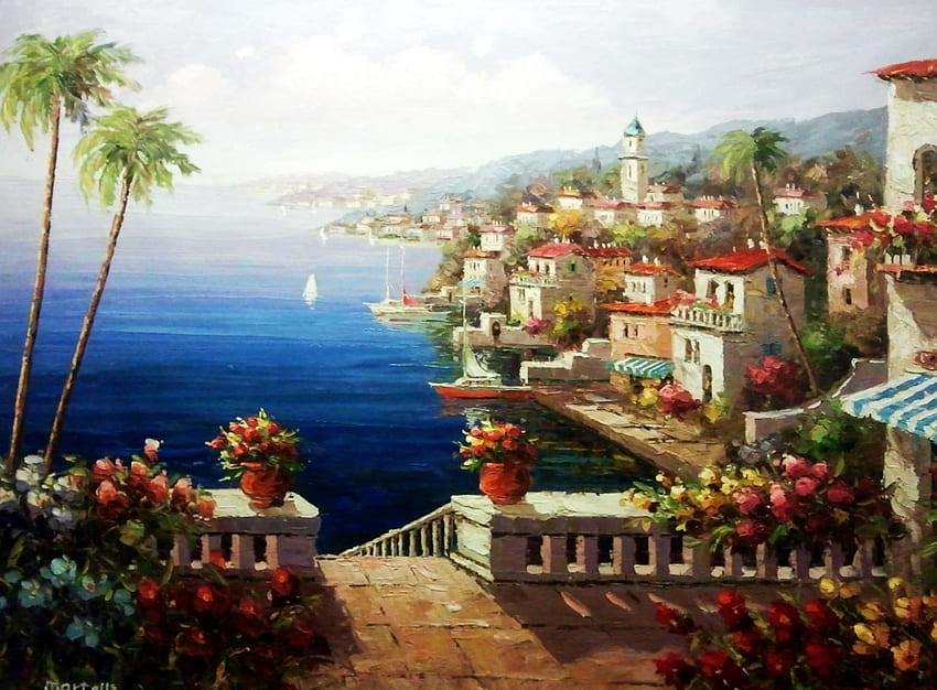 Amalfi Coast, palms, artwork, town, mediterranean, italy HD wallpaper