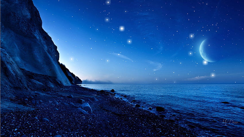 Night of Blue Dreams, azul, mar, estrellas, rocas, tema Firefox Persona, serenidad, playa, luna, cielo fondo de pantalla