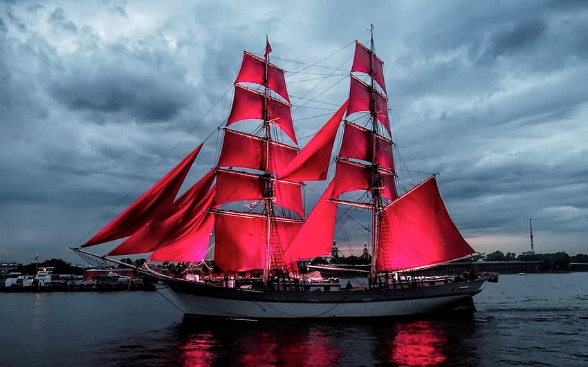 Red Sails After Sunset, barco, navio, reflexão, vermelho, velas, água papel de parede HD