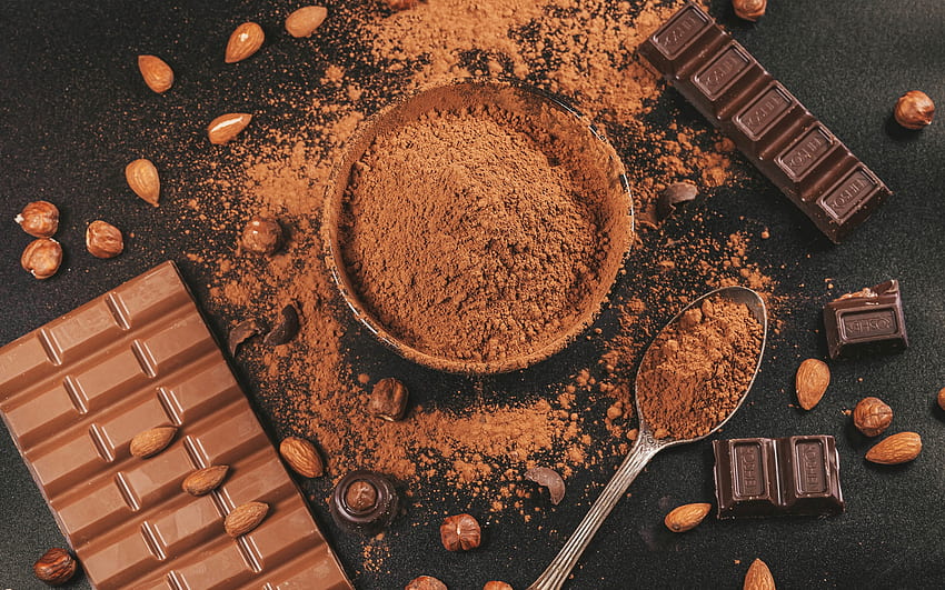 kakao, czekolada, słodycze, mielone kakao, tabliczka czekolady, produkcja czekolady, koncepcje czekolady Tapeta HD