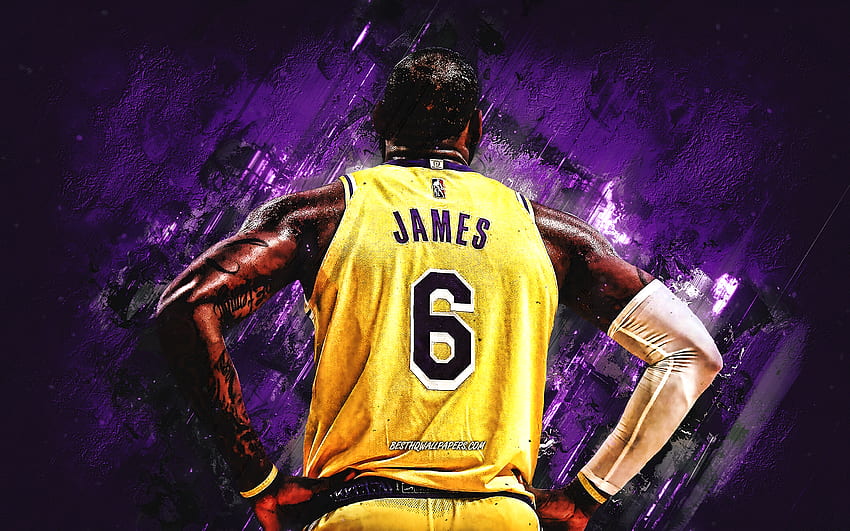 レブロン・ジェームズ、ロサンゼルス・レイカーズ、ナンバー6、NBA、アメリカのバスケットボール選手、紫色の石の背景、バスケットボール、全米バスケットボール協会、グランジアート 高画質の壁紙